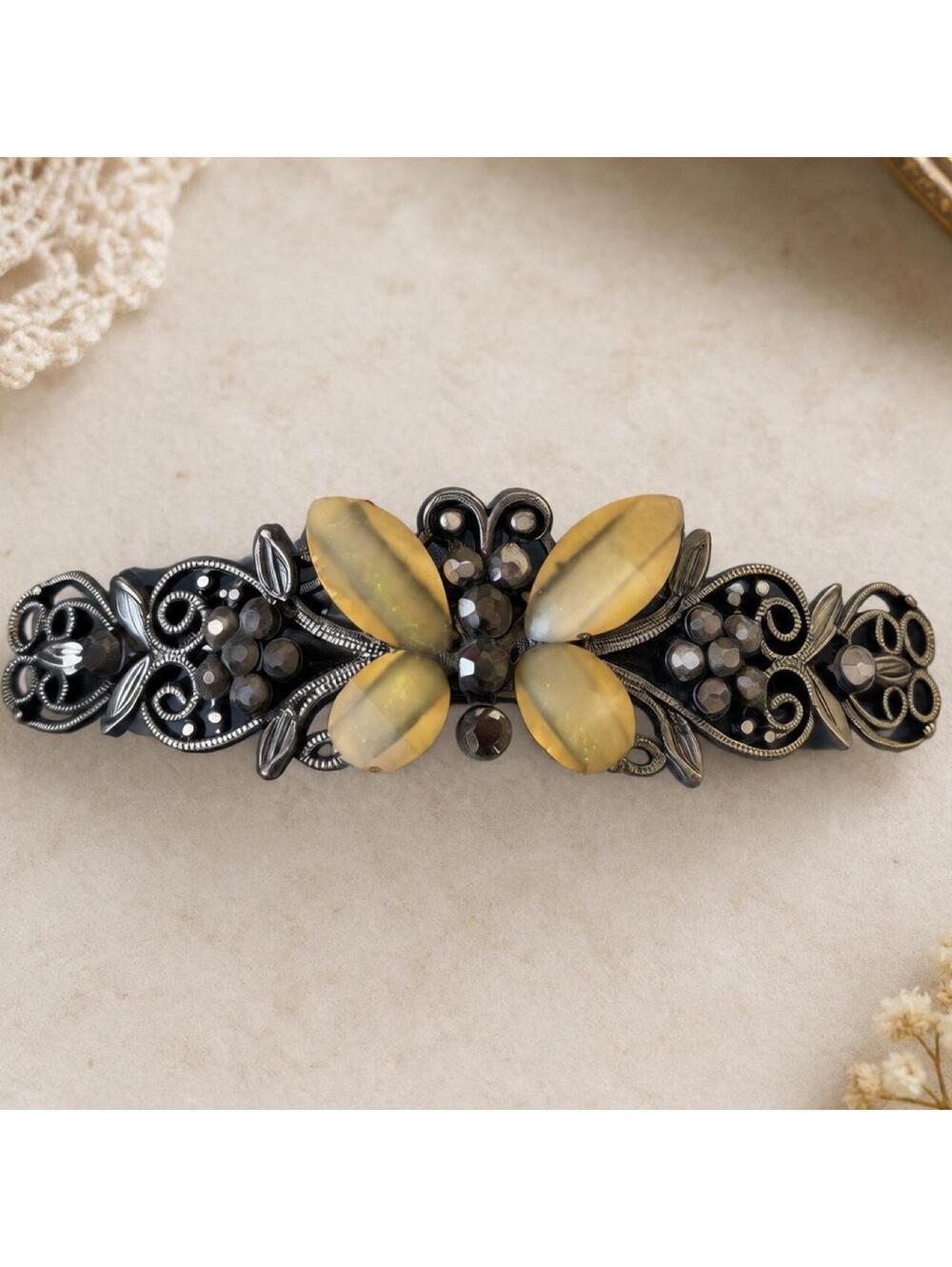 Vintage 90s Butterfly Barrette Gunmetal Rhinestone Hair Clip